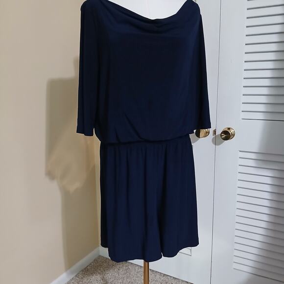 Emma & Michele Large NAVY ROMPER Poly/spandex blend half-sleeve draped neckline - Picture 2 of 16